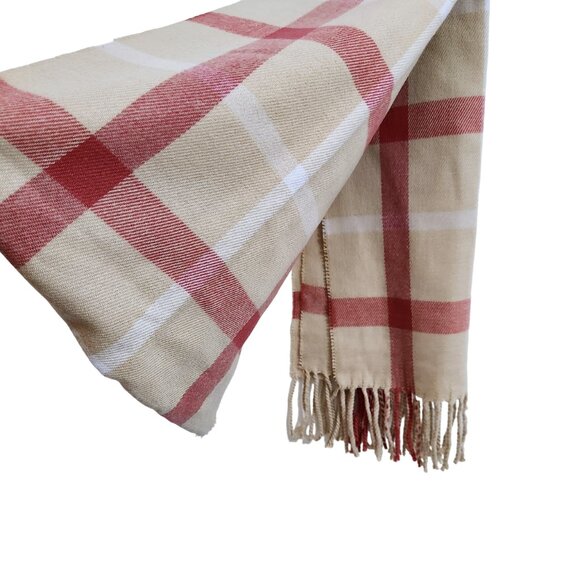 NEW D&Y Softer Than Cashmere Beige & Burgundy Plaid with Fringe Scarf - Picture 5 of 9